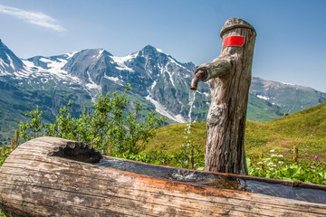 water tap in a wooden stump in grossglockner austria - obrazy, fototapety, plakaty