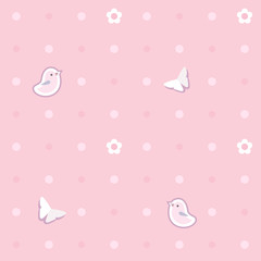 Cute seamless background with pink birds, butterflies, flowers.  Polka dot pattern. Children's bedroom, baby nursery decorative wallpaper. Cover or a gift wrap. Vector Illustration.