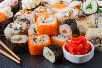 Various Roll with salmon, avocado, cucumber. Sushi menu. Japanese food