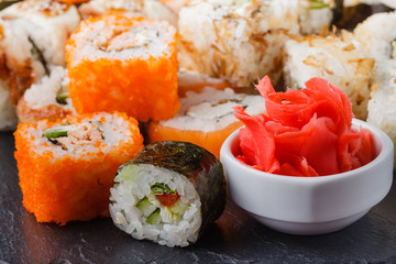 Sushi roll with salmon and shrimp tempura