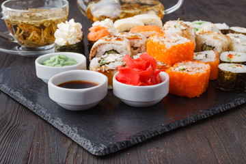 Japanese sushi set with green tea ready to serve