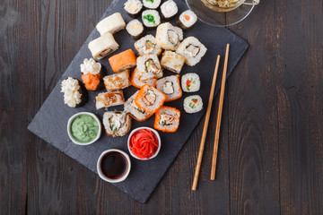 Japanese sushi set with green tea ready to serve