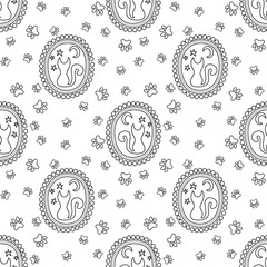 Picture of a cat in a medallion. Seamless pattern. Vector illustration