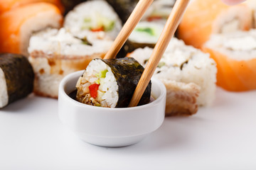 Various Roll with salmon, avocado, cucumber. Sushi menu. Japanese food