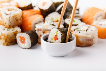 Delicious Peace of Sushi Rolls in Stick. Fresh Food Portion