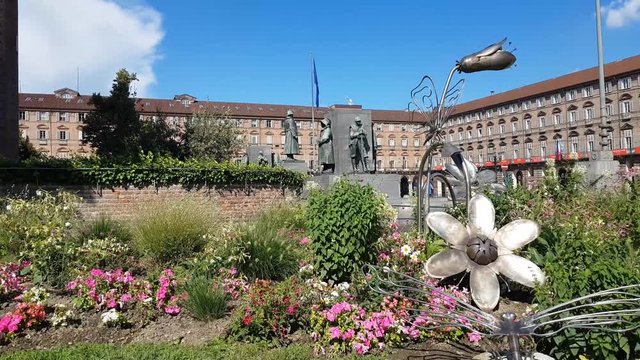 Square in front of the Acaja Castle and the monument to Emanuele Filiberto Duca d'Aosta, Turin, Italy