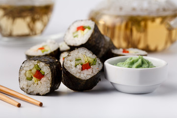 Japan rolls with fish and rice, pile asorted on table