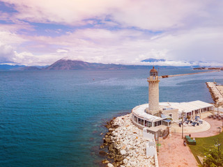Lighthouse in Patras. Aerial drone photo of famous town and port of Patras, Peloponnese, Greece