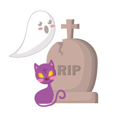 halloween ghost with gravestone and cat