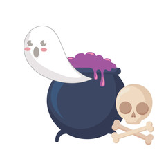 halloween ghost with cauldron and skull