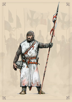 Medieval crusader. Templar knight, XIIc. Historical illustration.	