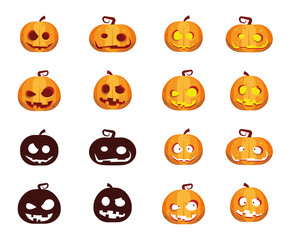 Halloween Pumpkin Squash icon set on white background. Orange Thanksgiving Pumpkins with faces and silhouette for your design for the holiday. Vector illustration.