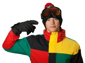 Male snowboarder pointing at his head