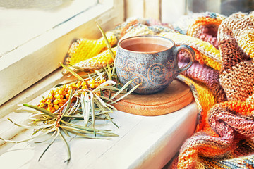Cup of herbal tea, branches of sea-buckthorn and knitted blanket on windowsill, selective focus.