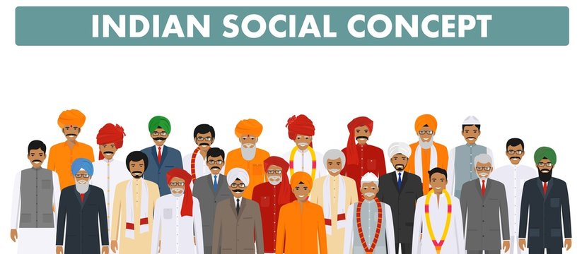 Family and social concept. Group young and senior indian people standing together in different traditional clothes on white background in flat style. Vector illustration.