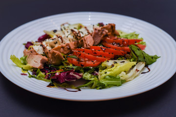 Meat salad with tomato served in white plate on dark table. Copy space