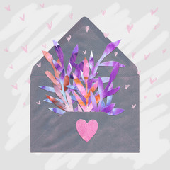 Open grey envelope with pink and purple plants, sealed with light pink heart. leaves. Watercolor paper cut illustration on light grey background patterned with small hearts