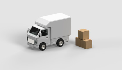 3d rendering of a delivery truck and 3 cardboard boxes