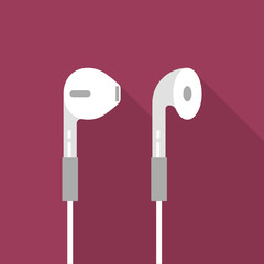 White earphones flat icon with long shadow isolated on purple background. Simple  earphones in flat style, vector illustration. 