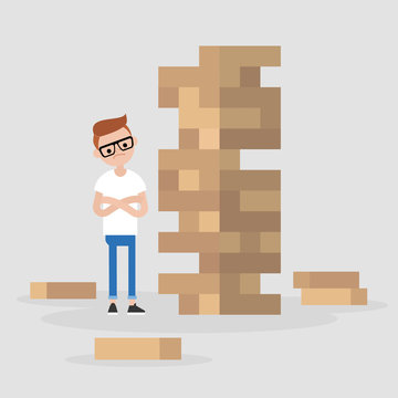 recommend clip art: Young male character taking turn removing a block from a tower constructed of wooden bricks. Strategic thinking. Flat editable vector illustration, clip art