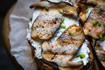 Bruschetta with porcini mushrooms and soft cheese