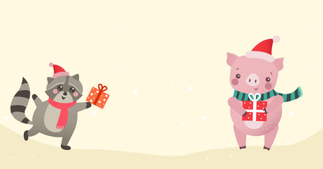 Christmas or New Year background with cute cartoon animals with gifts.