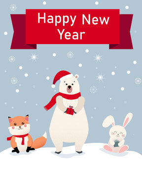 Happy New Year greeting card with cute cartoon animals.