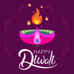 Happy Diwali Hindu poster with oil lamp and candle.