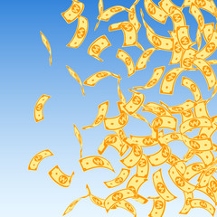 Korean won notes falling. Floating WON bills on blue sky background. Korea money. Dazzling vector il