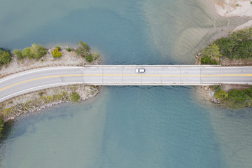 Aerial view of a road bridge over a lake in Washington State, USA