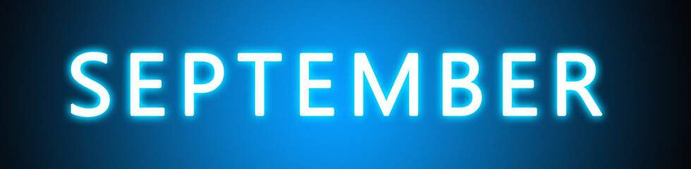 September - glowing white text on blue background