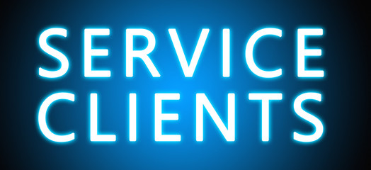 Service Clients - glowing white text on blue background