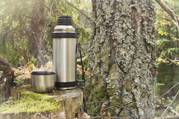 Fototapeta premium Steel thermos with a cup of hot tee standing on old stump in coniferous forest, camping abstract background