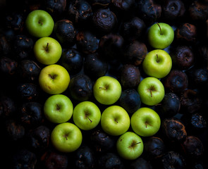 letters of the alphabet lined with green apples