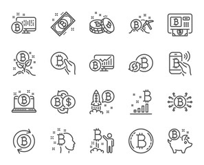 Cryptocurrency line icons. Set of Blockchain, Crypto ICO start up and Bitcoin linear icons. Mining, Cryptocurrency exchange and gold pickaxe symbols. Bitcoin ATM, crypto coins and markets. Vector