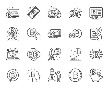 Cryptocurrency line icons. Set of Blockchain, Crypto ICO start up and Bitcoin linear icons. Mining, Cryptocurrency exchange and gold pickaxe symbols. Bitcoin ATM, crypto coins and markets. Vector