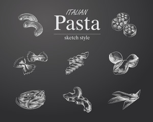 Hand Drawn Pasta Sketches Set. Collection Of Italian food And Other Sketch Elements isolated on chalkboard