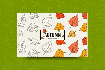 Autumn leaf seamless pattern. Fall leaves texture. Seasonal web banner template with leaf pattern. Frame with acorn and autumn leaves. Leaflet with copy space for text. Fall season decoration. Vector