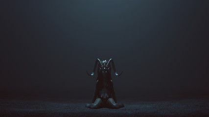 Evil Witch Kneeling with a Head Dress in a foggy void with 3d Illustration 3d render