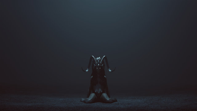 Evil Witch Kneeling with a Head Dress in a foggy void with 3d Illustration 3d render