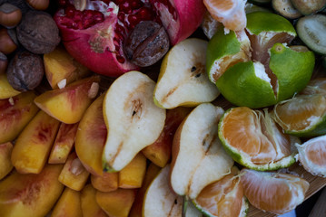 Fresh fruits colorful background, close-up. Healthy Food background concept . Top view. Copy space