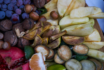 Fresh fruits colorful background, close-up. Healthy Food background concept . Top view. Copy space