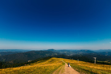 picturesque mountains and cloudless sky. newlyweds kissing on the background of the mountain landscape