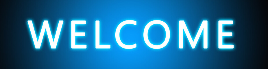 Welcome - glowing white text on blue background