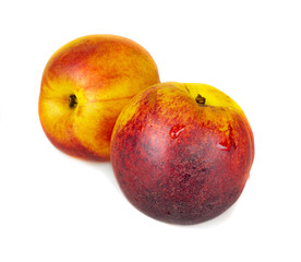 Two fresh juicy yellow red bright colorful nectarines, isolated
