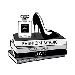 Vector fashion illustration. High heels shoes, Perfume, fashion magazines books. Hand drawn beautiful concept for girls. Fashionable illustration with stack of books, fashion magazines in Beauty style
