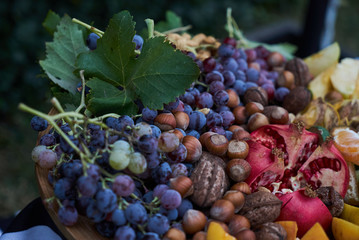 Fresh fruits colorful background, close-up. Healthy Food background concept . Top view. Copy space