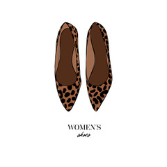 Fashion female ballet flats shoes with leopard print style. Women's shoes icon isolated on white background. Logo concept design of trendy women's accessories. Fashion Vector Illustration eps 10