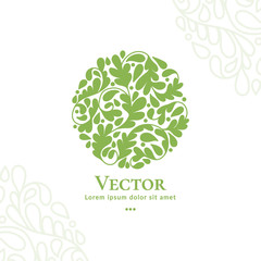 Green leaf emblem. Elegant, classic elements. Can be used for jewelry, beauty and fashion industry. Great for logo, monogram, invitation, flyer, menu, brochure, background, or any desired idea.