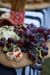 Snacks for beer with different food, close-up. Salty and cheese bar of several kinds of cheese, grapes, olives, nuts, fruits  decorated on table. Holiday party outdoors, picnic